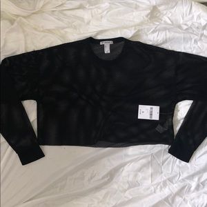Cropped Black Mesh Long Sleeve Top